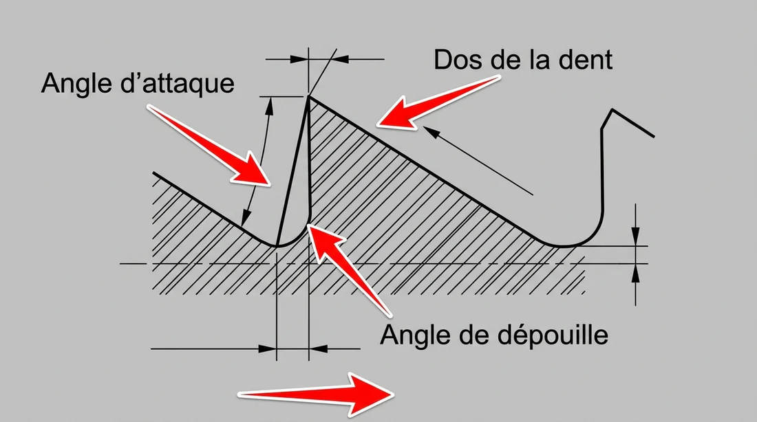 Schéma technique des angles de géométrie d'une dent de scie à bûches