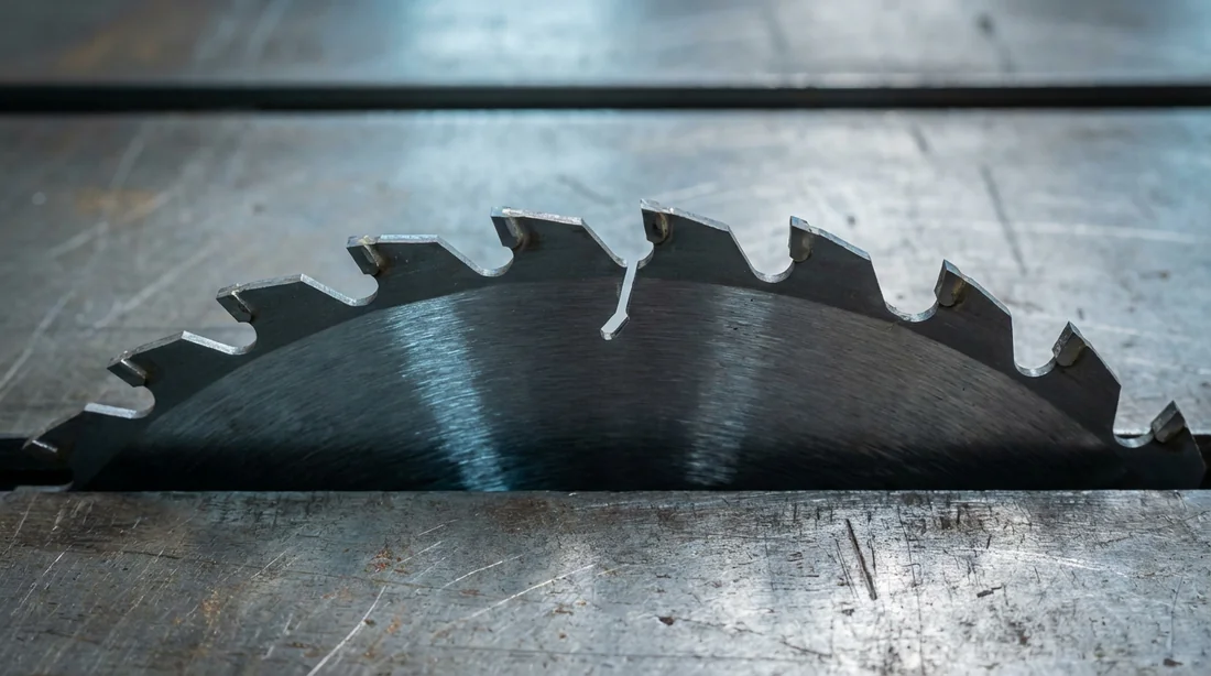 Vue de dessus montrant l'avoyage des dents d'une lame de scie