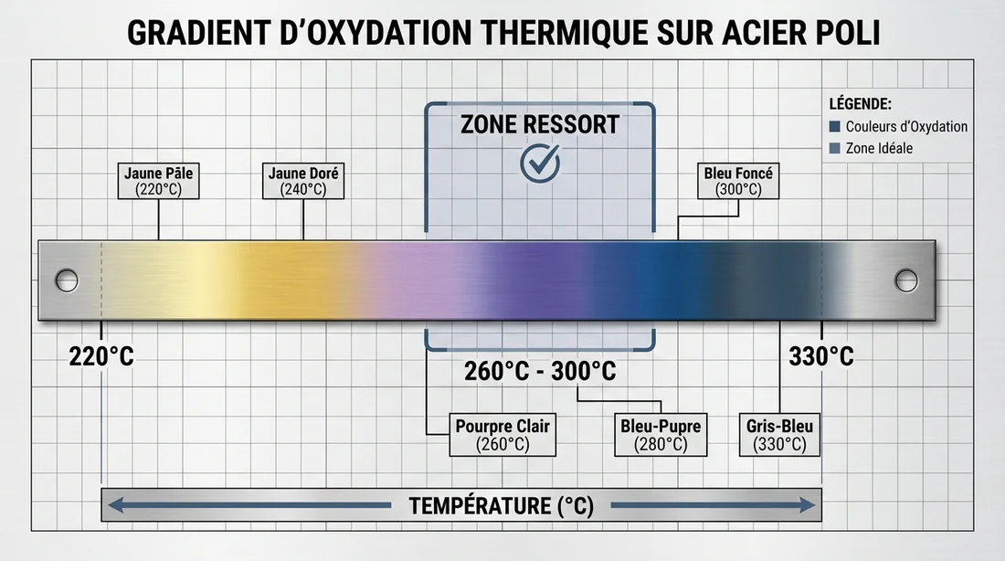 Diagramme des couleurs de revenu de l'acier du jaune au bleu selon la température.