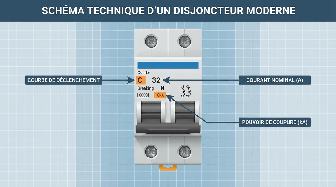 Infographie décodant les lettres et chiffres C, 32 et N sur un disjoncteur