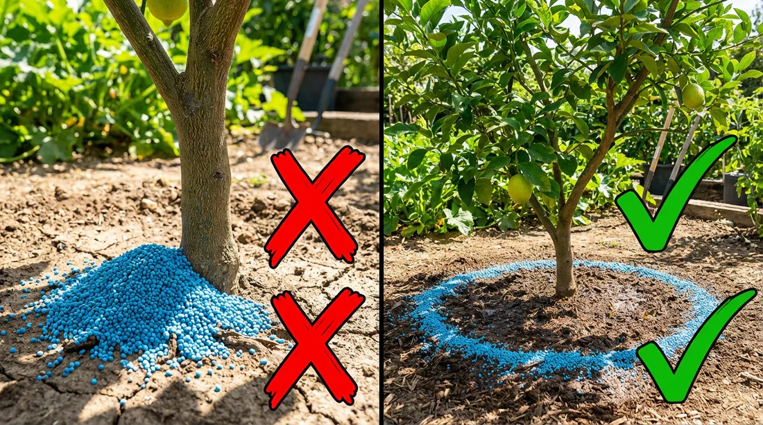 Comparaison entre une mauvaise et une bonne méthode d'épandage d'engrais sur agrume