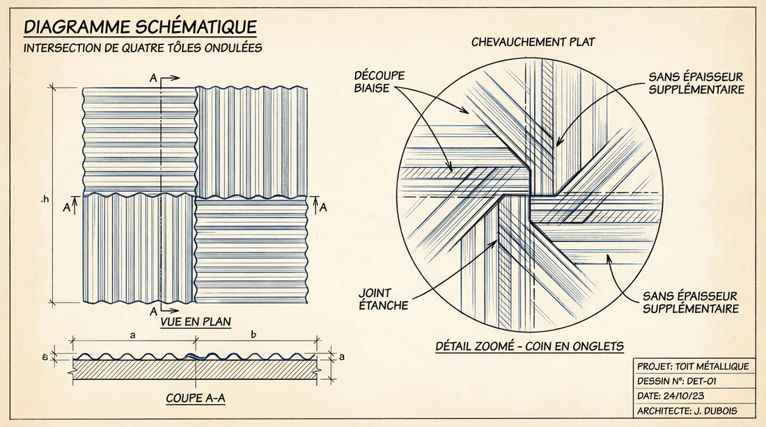 Schéma technique de l'écornage des plaques sous tuiles pour un emboîtement parfait.