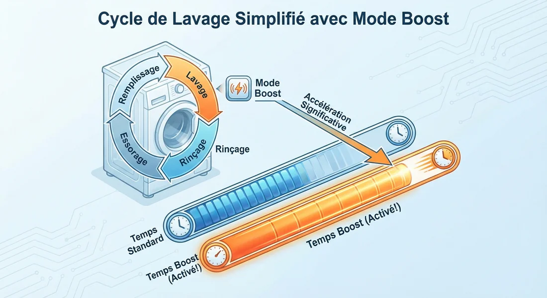 Schéma explicatif de l'accélération du cycle de lavage avec le mode Boost.