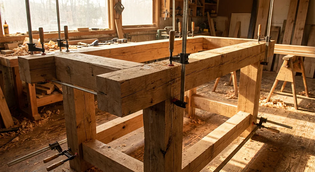 Assemblage de la structure porteuse d'un établi en bois massif