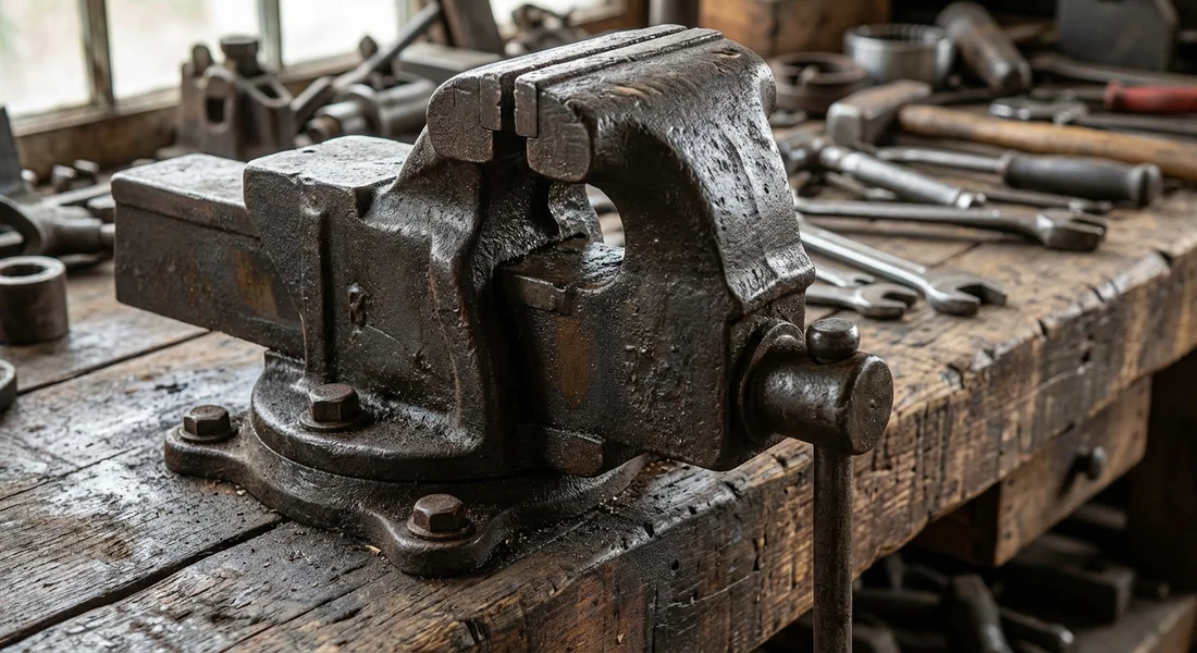 Presse parisienne montée sur un établi en bois robuste