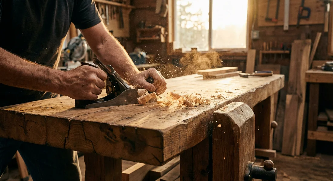 Rabotage du plateau d'un établi en bois massif