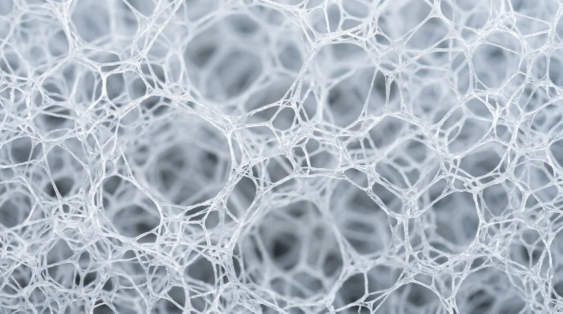 Gros plan microscopique de la texture abrasive de la mousse de mélamine.