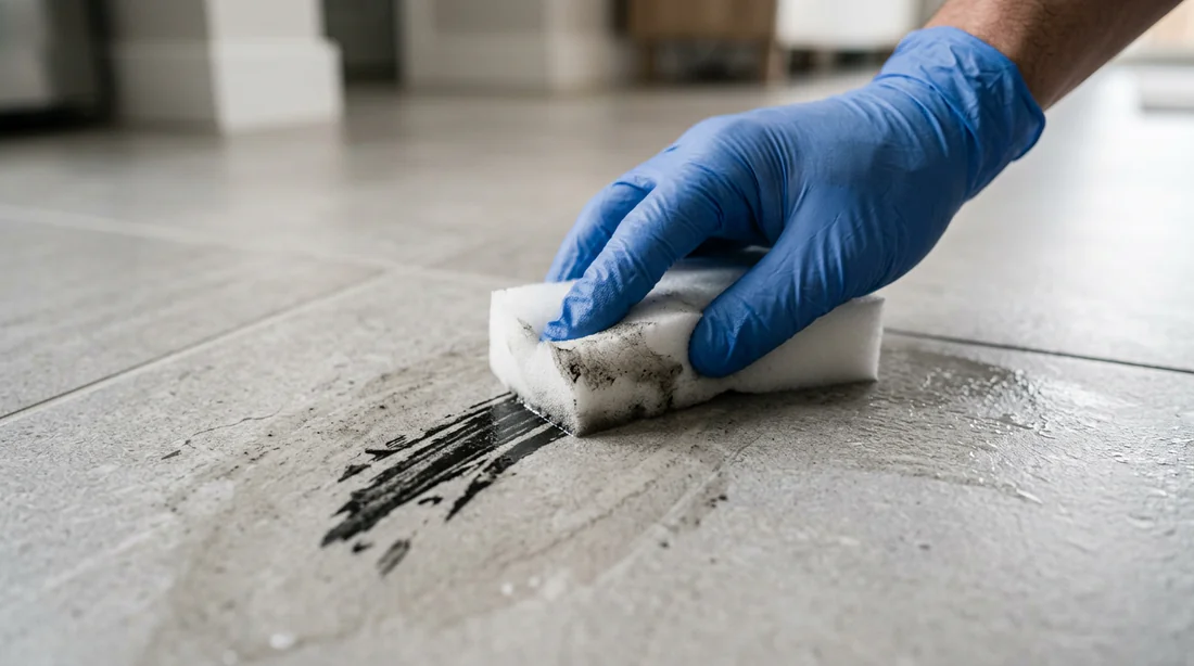 Nettoyage de traces de doigts sur un mur blanc avec une éponge magique.