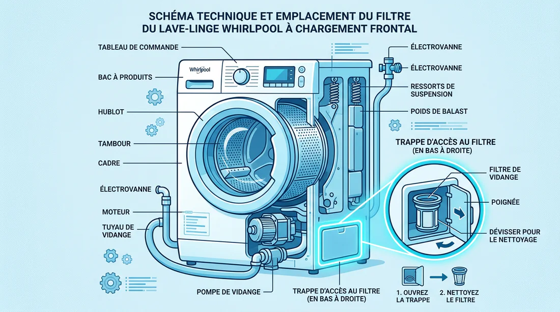 Préparation pour la vidange de l'eau résiduelle du filtre avec un bac et une serviette.