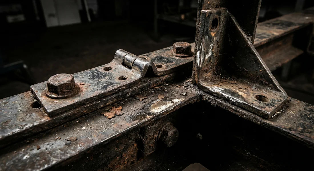 Détail de boulons de lit rouillés et usés provoquant des bruits