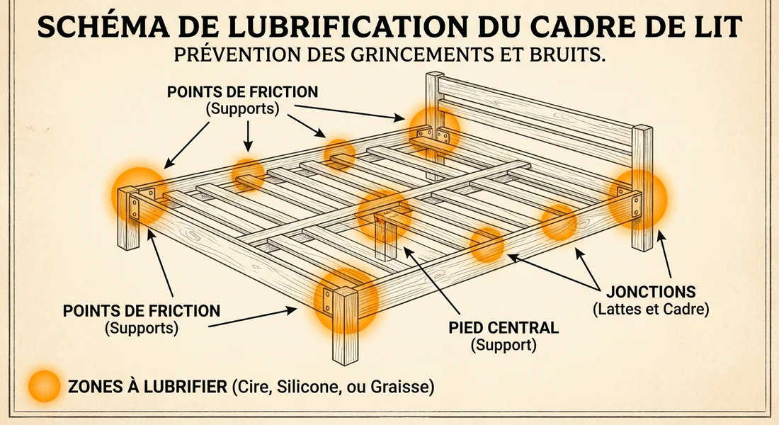 Schéma explicatif des points de lubrification d'un sommier