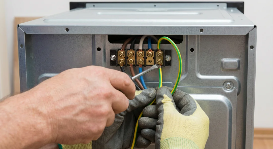 Raccordement du fil de terre sur le bornier de la cuisinière