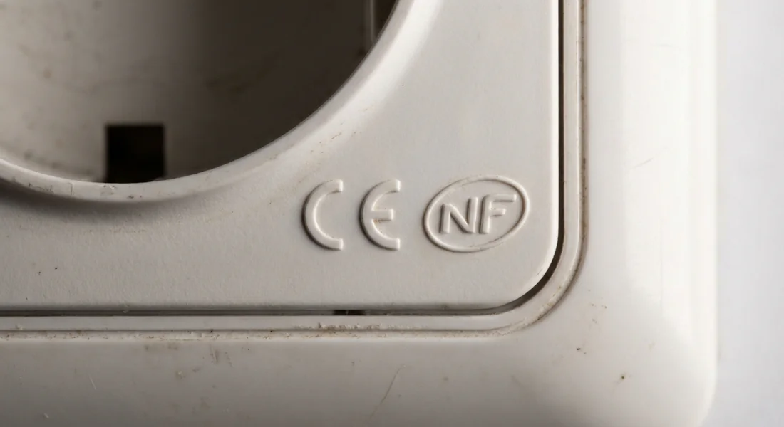 Marquages de conformité CE et NF sur une douille électrique