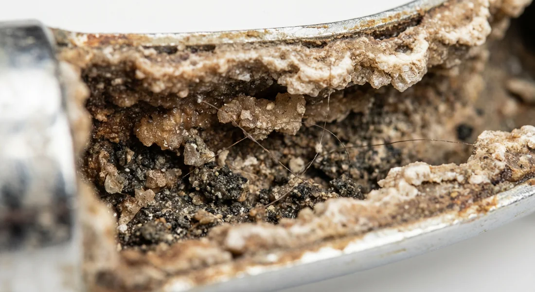 Gros plan sur l'intérieur d'un siphon de chauffe-eau obstrué par le calcaire.