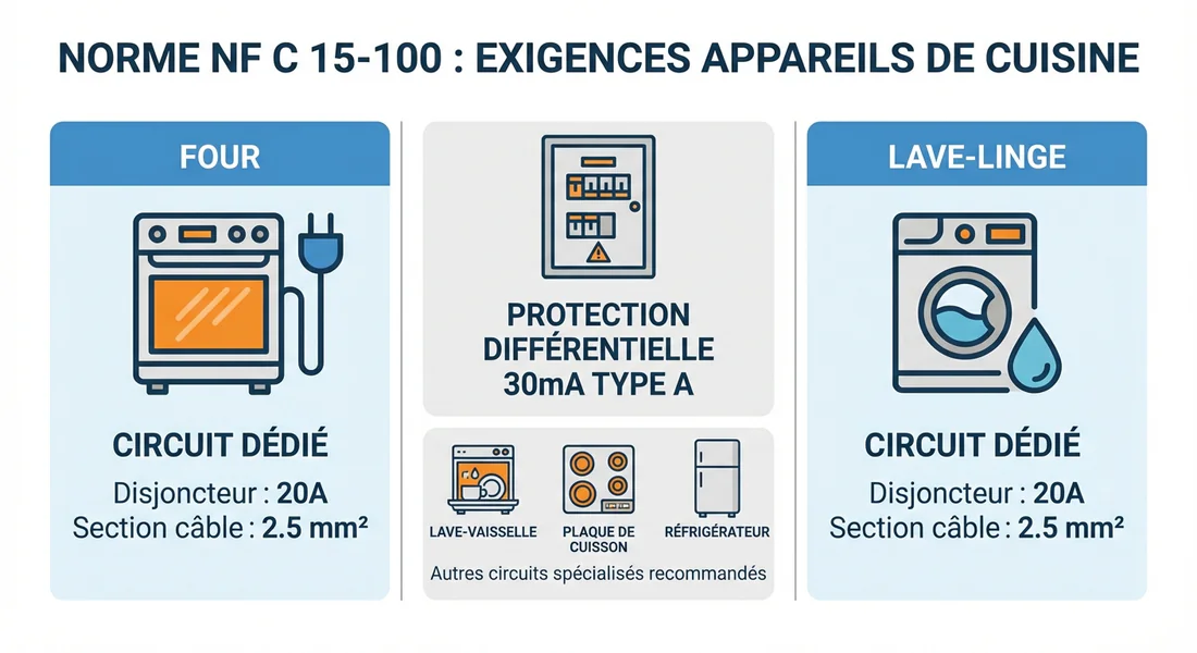 Schéma des normes NF C 15-100 pour les circuits spécialisés de la cuisine.