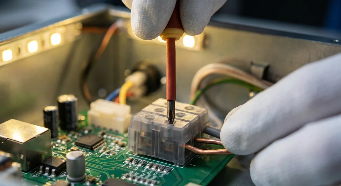 Gros plan sur le raccordement des fils électriques dans le bornier de l'extracteur.