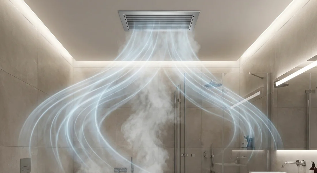 Illustration du flux d'air aspiré par un ventilateur d'extraction de salle de bain.