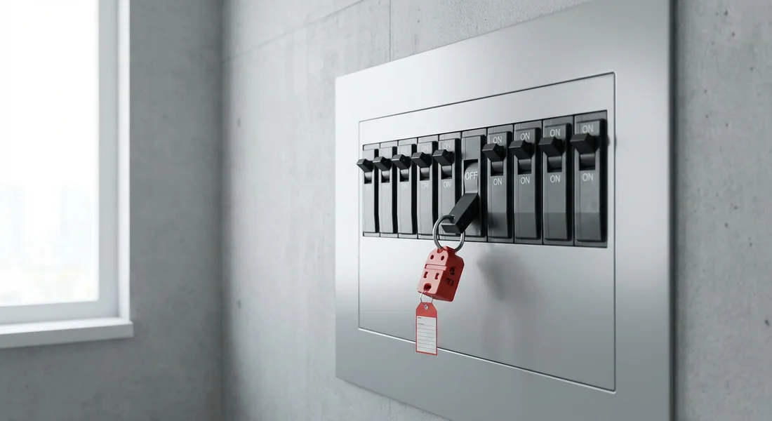 Tableau électrique avec un disjoncteur abaissé pour la sécurité.