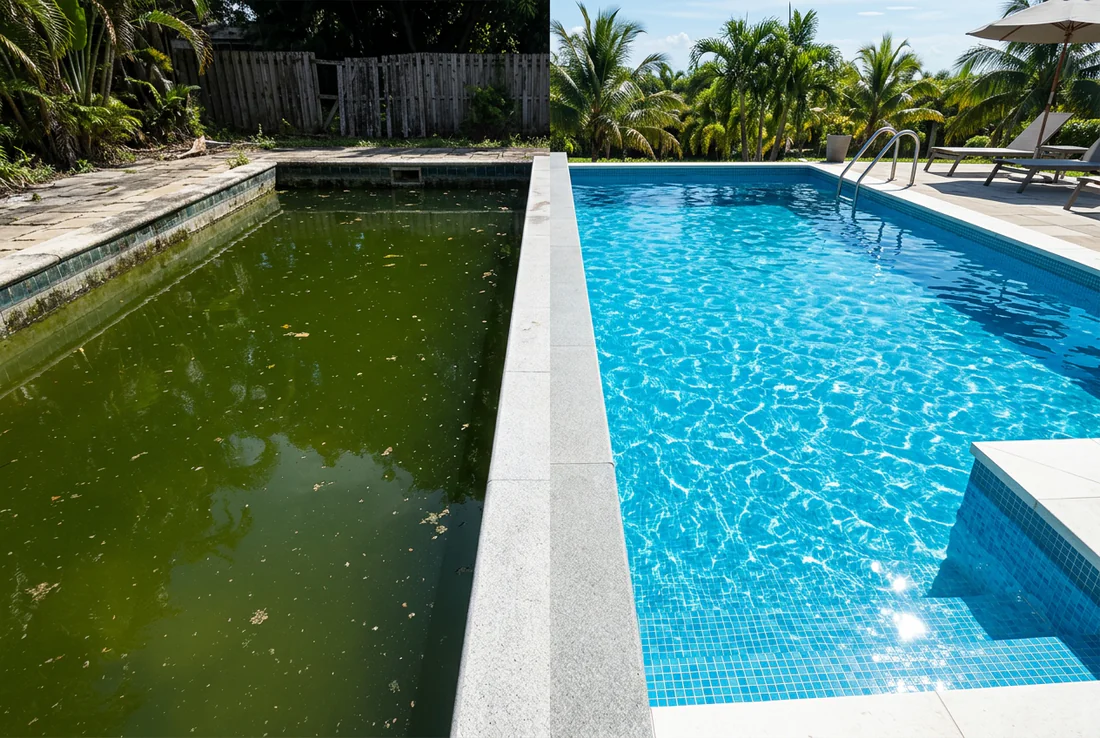 Analyse de l'eau d'une piscine verte avec des bandelettes de test