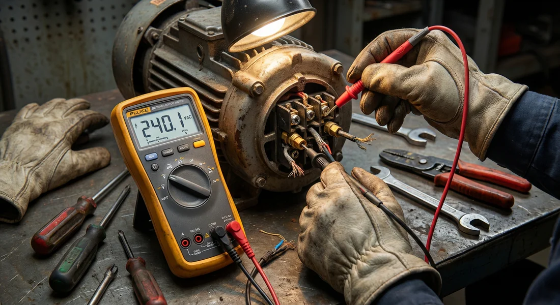 Contrôle électrique d'une pompe à eau avec un multimètre par un professionnel.