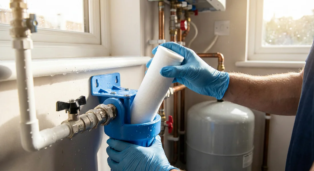 Remplacement du filtre à eau sur une installation de pompage domestique.