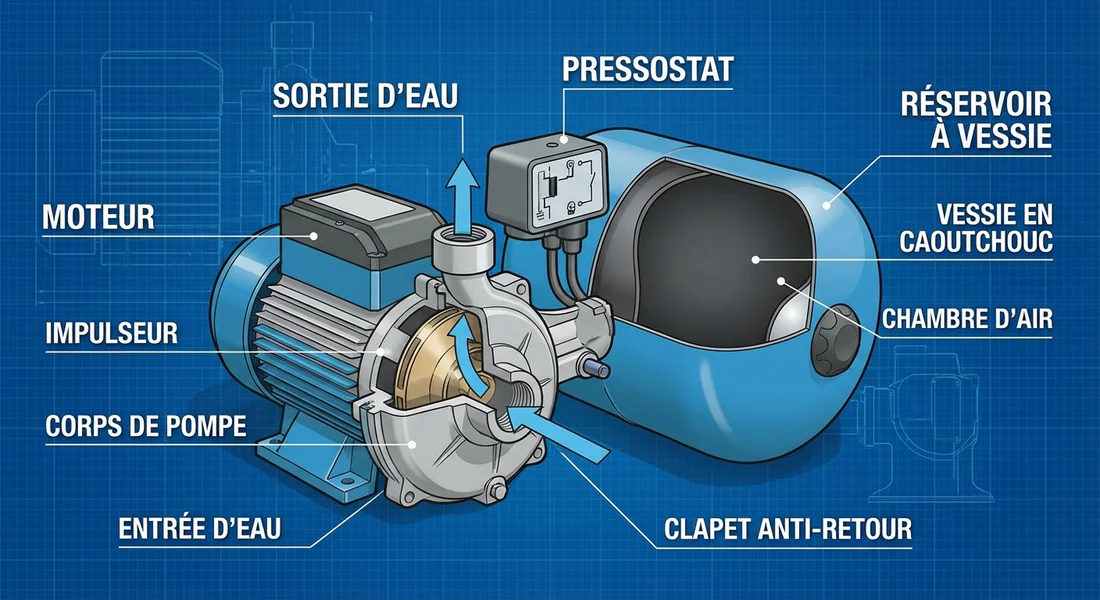 Schéma technique des composants d'un surpresseur domestique avec réservoir à vessie.