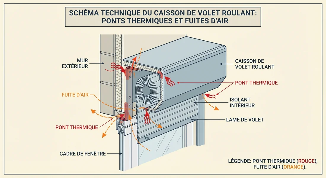 Schéma des ponts thermiques d'un coffre de volet roulant
