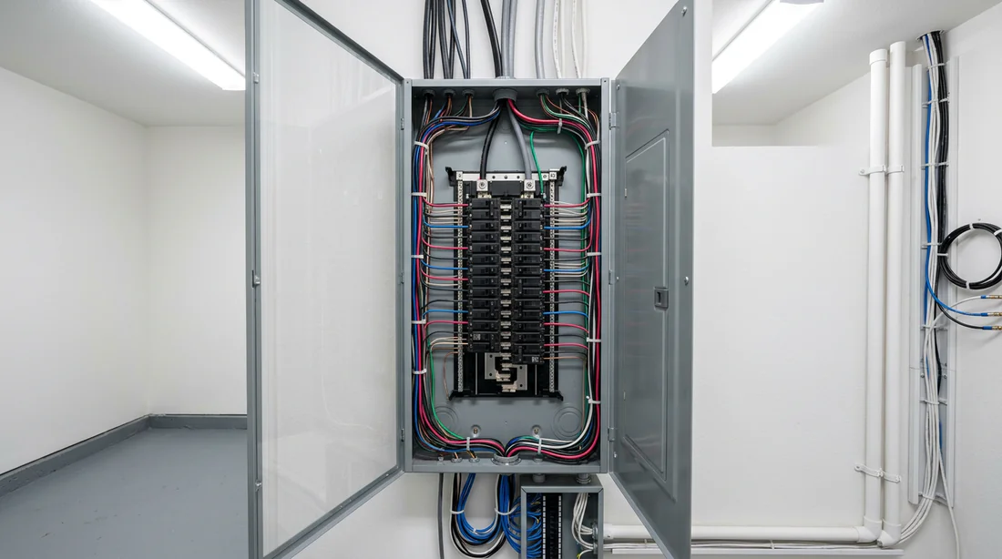 Vue d'ensemble d'un tableau électrique domestique moderne et bien câblé