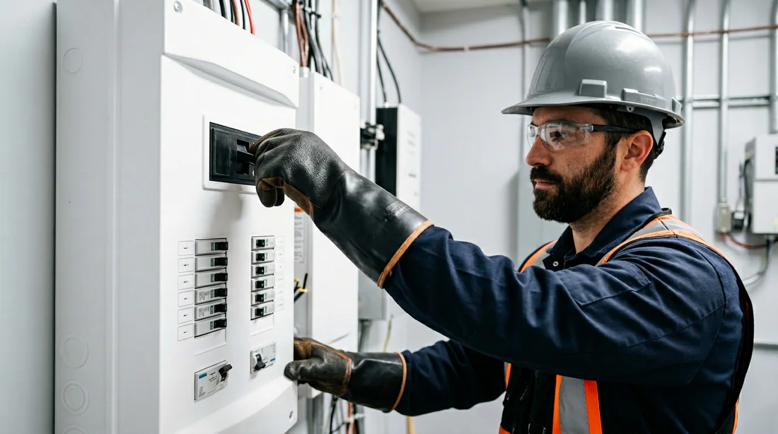Électricien sécurisant l'installation au tableau électrique avant intervention.