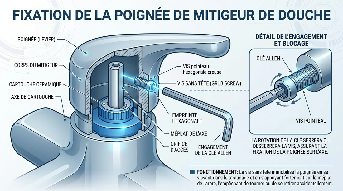 Gros plan sur le retrait de la pastille décorative du mitigeur.