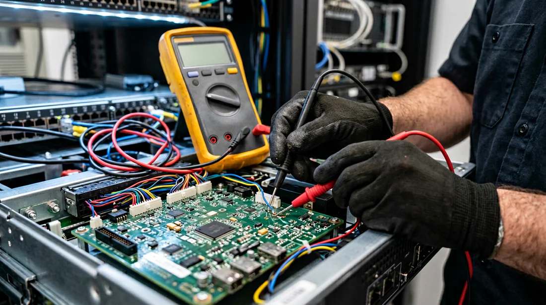 Électricien testant la continuité des fils de télé-information.