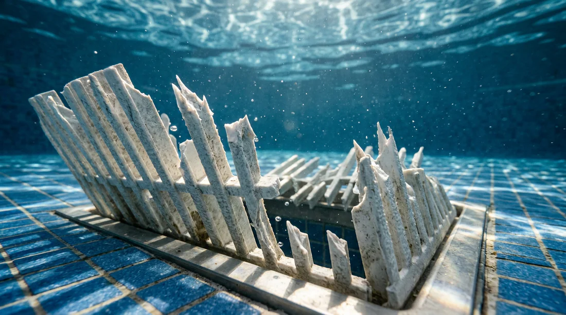 Matériel nécessaire : tournevis, grille neuve et lunettes de plongée sur une plage de piscine