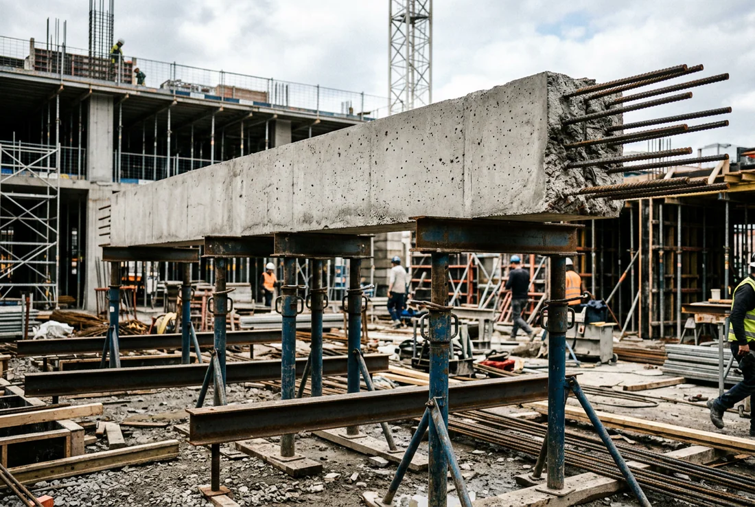 Détail du ferraillage et des armatures en acier d'une poutre en béton armé.