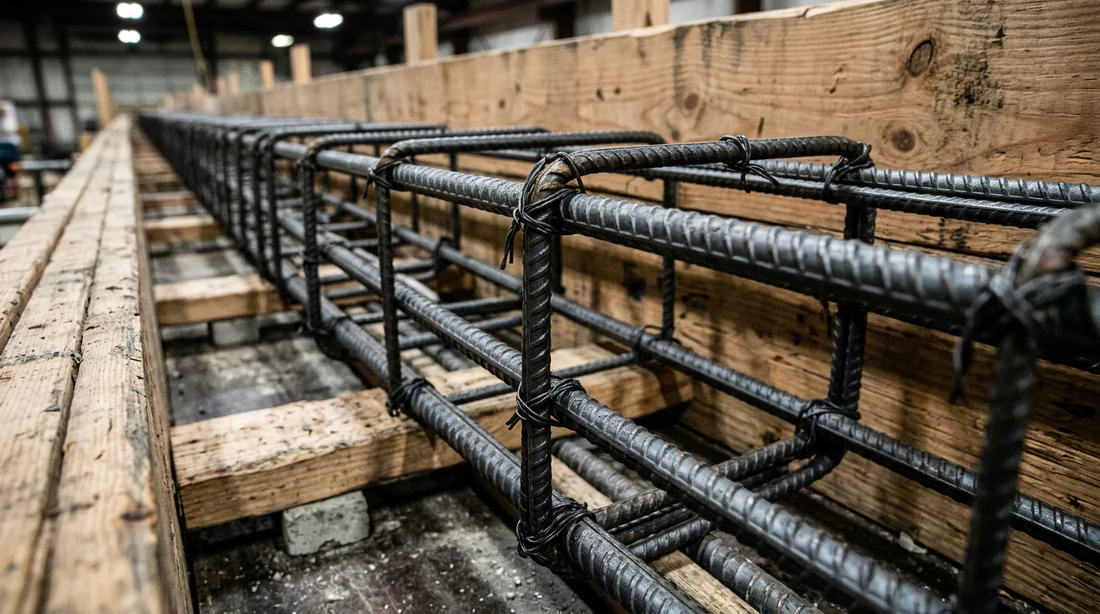 Plans techniques et mesures de précision pour le calcul d'une poutre béton.