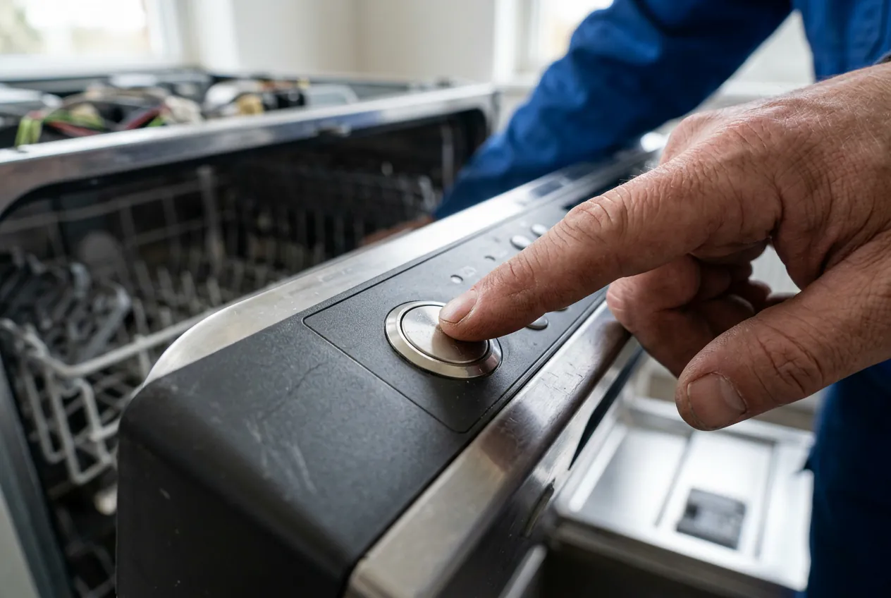 Main effectuant une pression longue sur le bouton de réinitialisation du lave-vaisselle.
