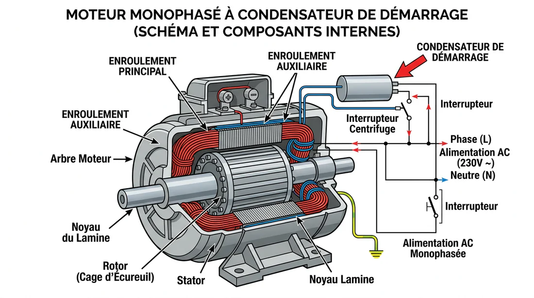 Schéma des composants d'un moteur électrique monophasé