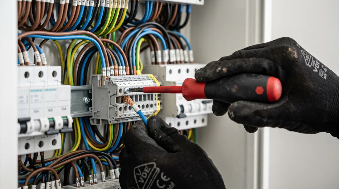 Électricien effectuant le raccordement d'un bornier
