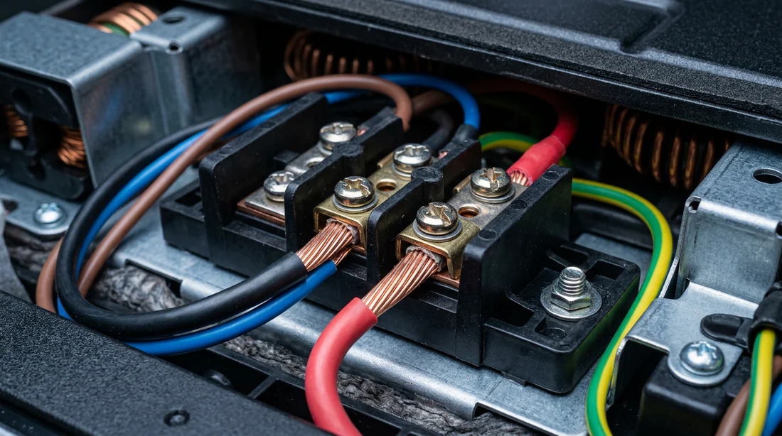 Détail du bornier de raccordement électrique sous une plaque Brandt