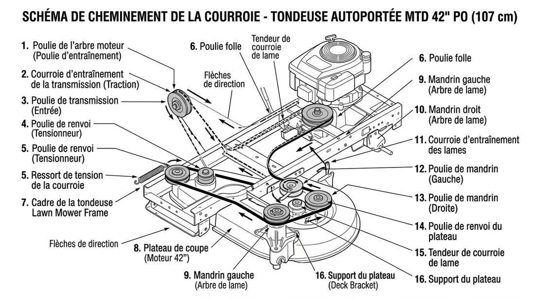 Schéma technique du cheminement de la courroie sur un tracteur tondeuse MTD