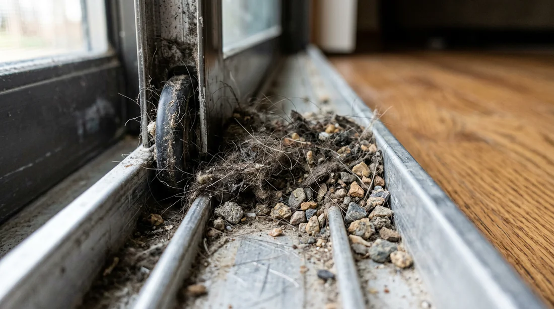 Détail de débris et poussière accumulés dans le rail d'une baie vitrée