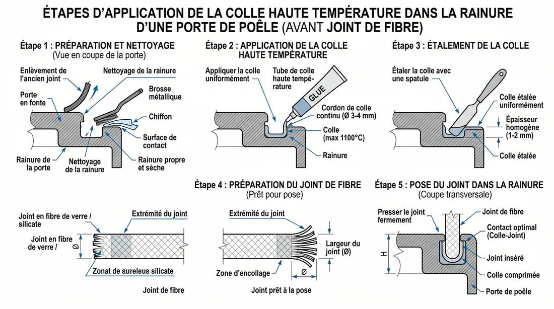 Schéma d'application de la colle haute température sur une porte de poêle