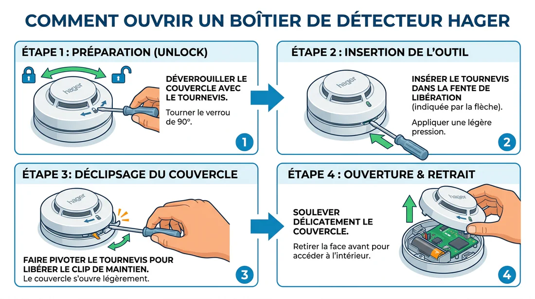 Schéma explicatif pour l'ouverture du boîtier détecteur Hager