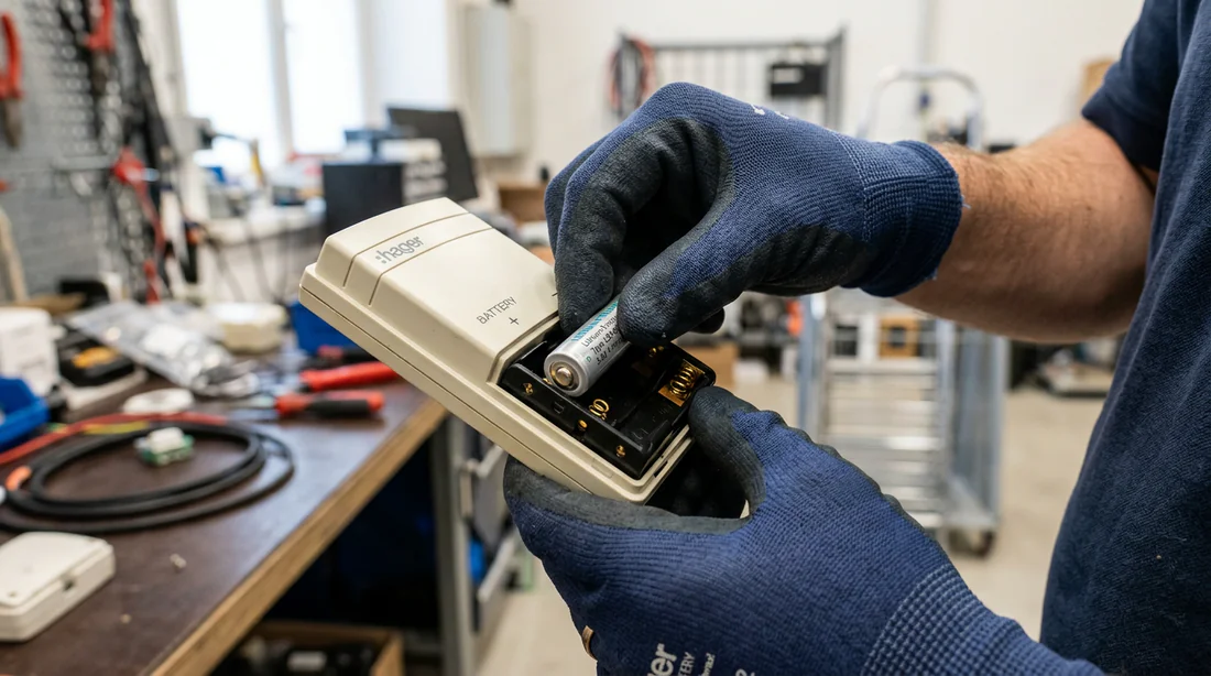Insertion d'une nouvelle pile lithium dans un module d'alarme Hager