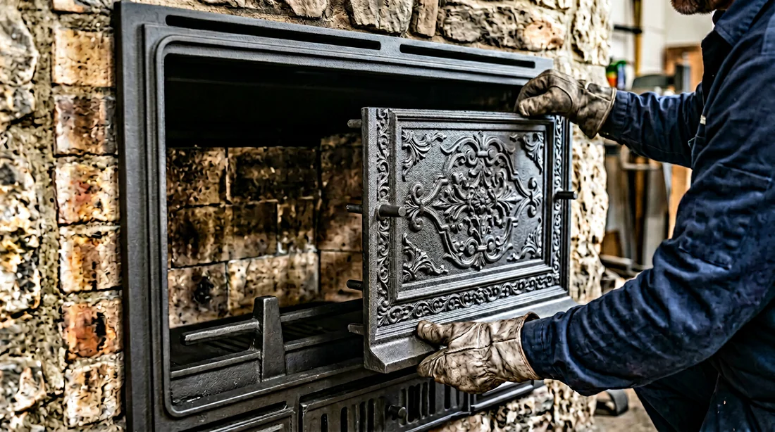 Extraction de l'ancienne plaque de fond en fonte de l'insert.