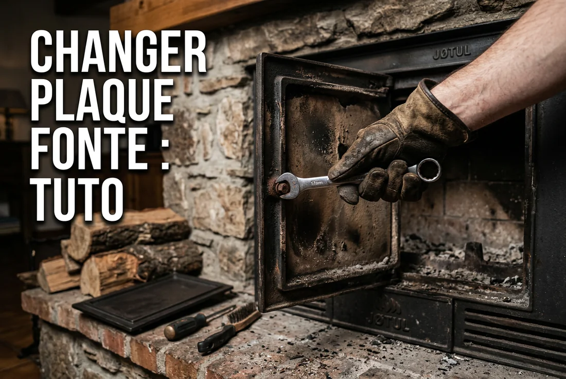 Gros plan sur les fissures de fatigue thermique d'une plaque en fonte.
