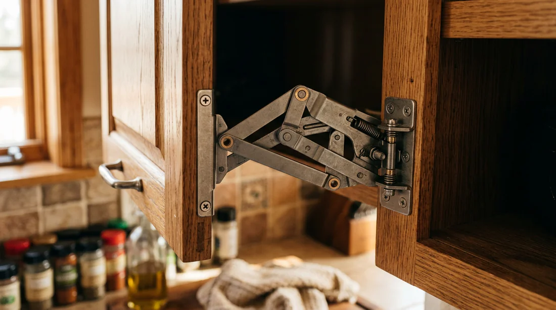 Détail technique d'une charnière pantographe pour cuisine