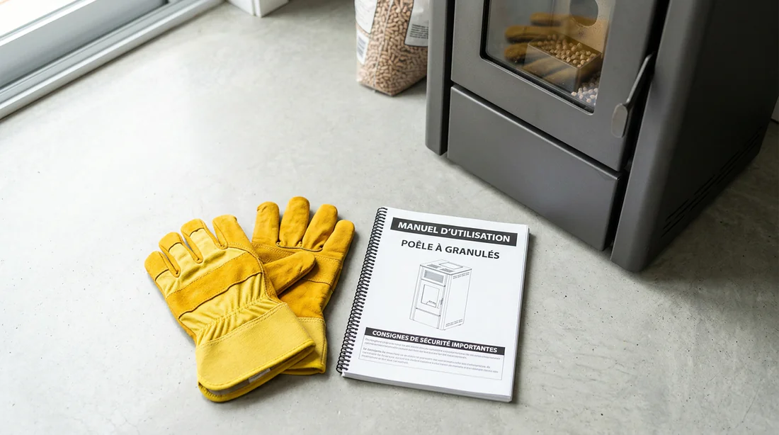 Gants de protection et manuel technique pour la sécurité du poêle.