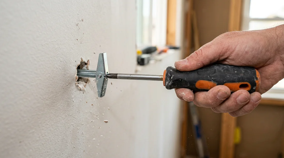 Fixation manuelle d'une cheville métallique dans un mur