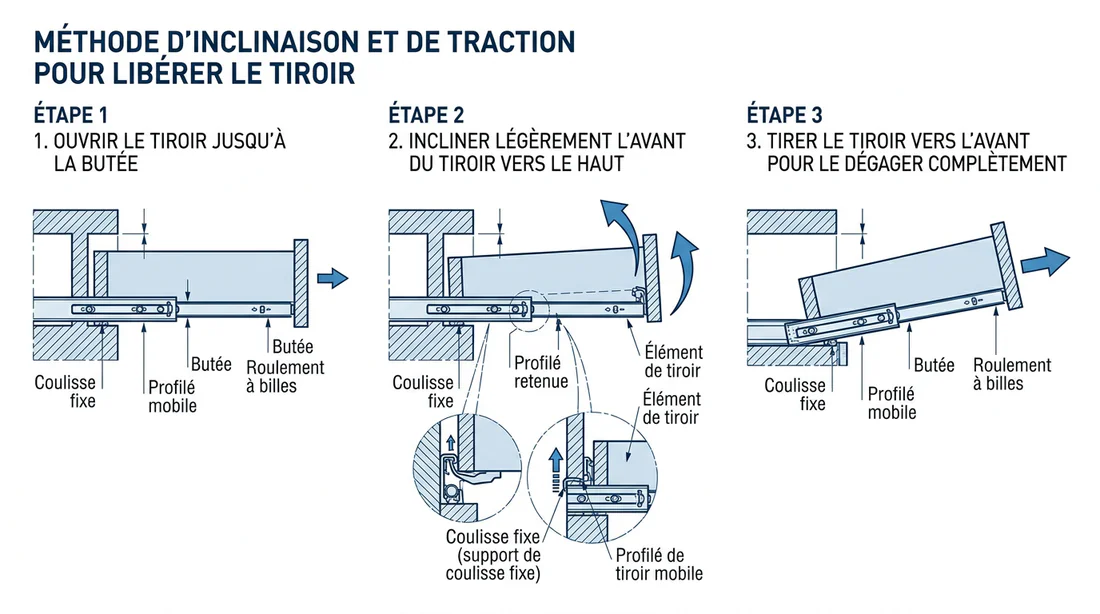 Schéma technique pour dégager un tiroir bloqué