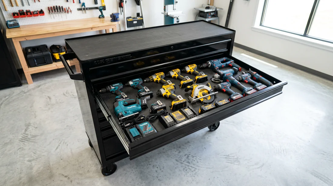 Rangement et organisation des outils électroportatifs professionnels.